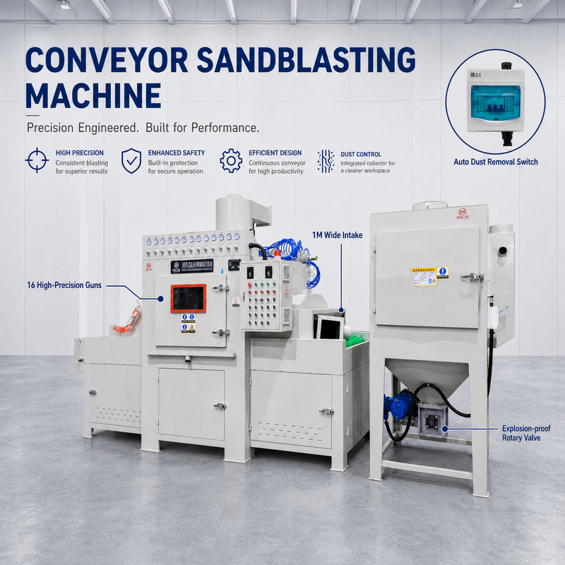 BAIYAOBLASTER 16 Guns Industrial Automatic Conveyor Sandblasting Machine With Dust Collector and Ash Discharge Safety Valve